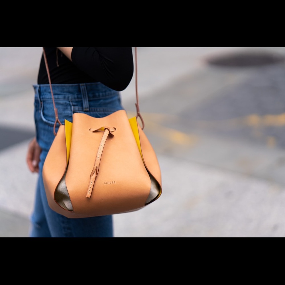 Yellow and Tan Crossbody Bag with Drawstring Closure